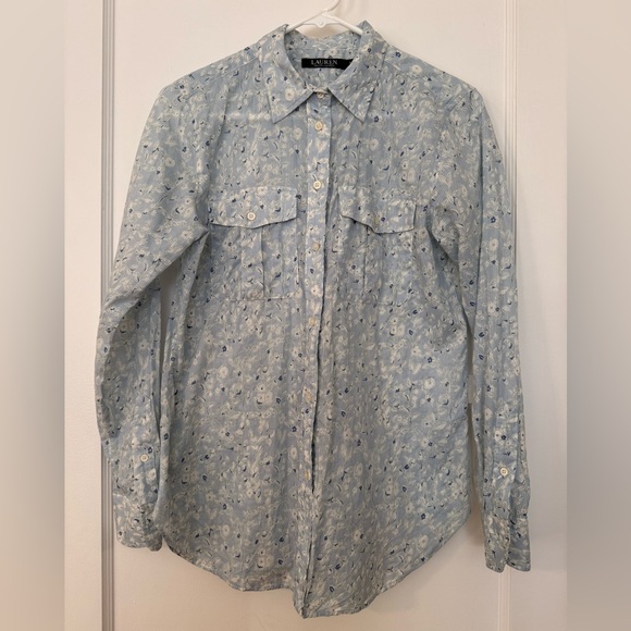 Lauren Ralph Lauren blue floral boho prairie pleated small cotton blouse top - Picture 2 of 10